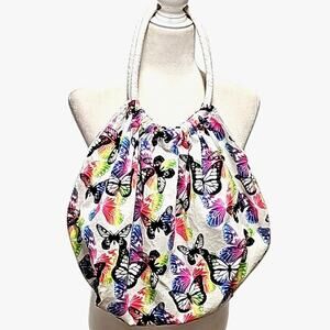 Womens White w/ Black and Multi Color Butterflies Tote Sac Shopping Shoulder Bag